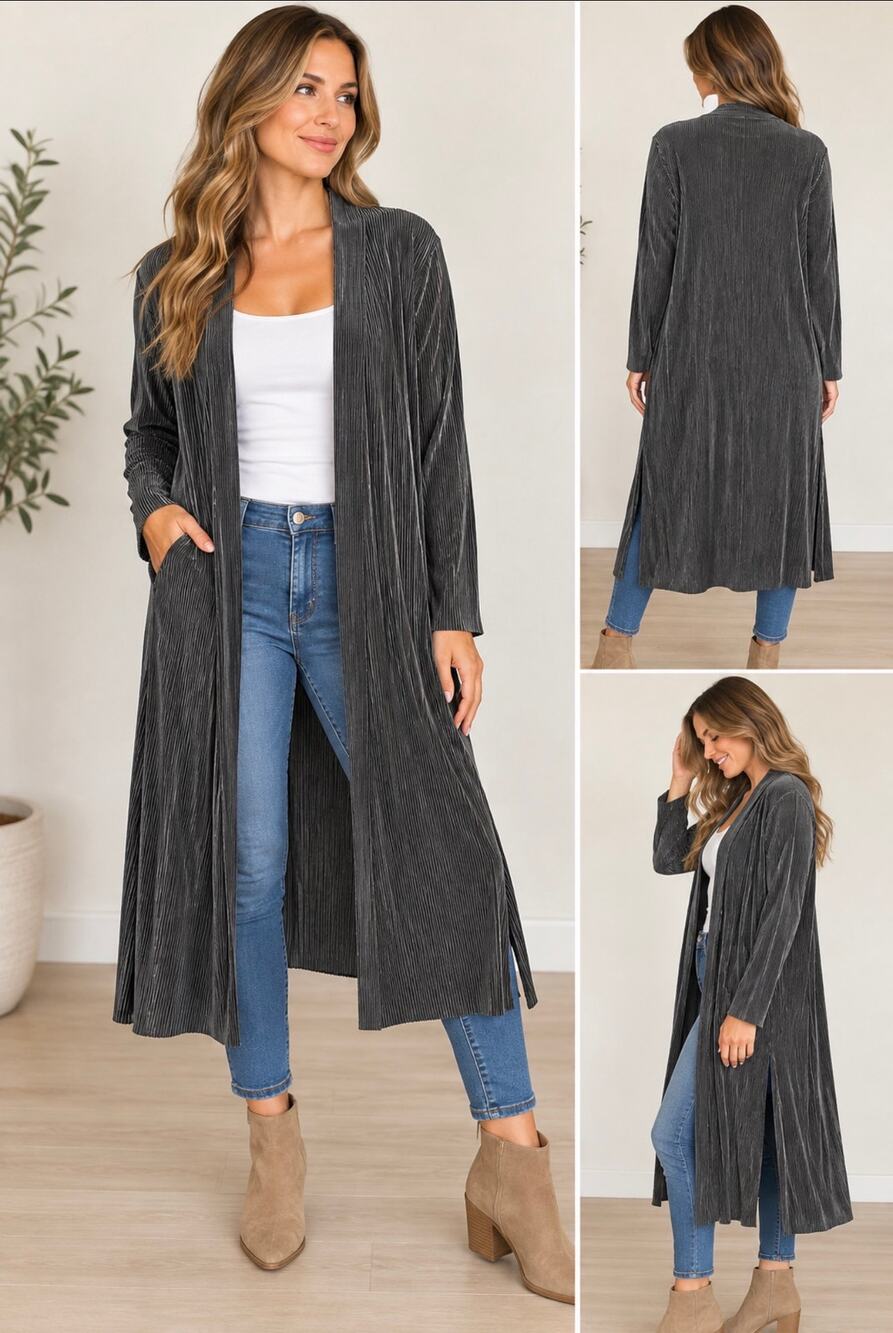 Cyrus 2X Black Metallic Pleated Long Duster Cardigan Open Front NWT